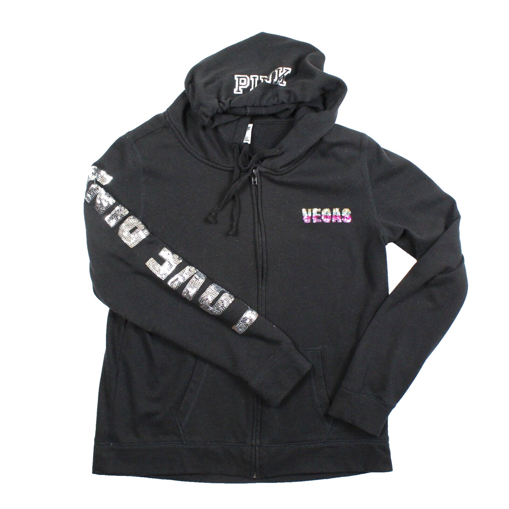 Victorias Secret PINK Hoodie Las Vegas Bling Womens Medium Black Sequin Full Zip